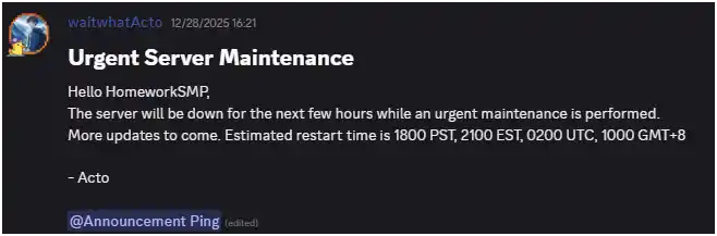 Server outage announcement by Acto